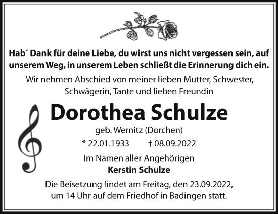 Traueranzeige von Dorothea Schulze von Märkische Oderzeitung