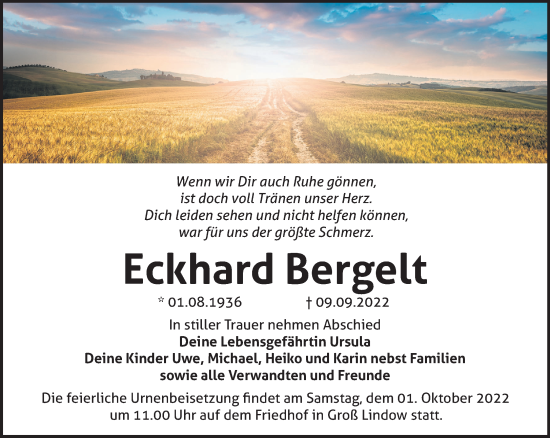 Traueranzeige von Eckhard Bergelt von Märkische Oderzeitung