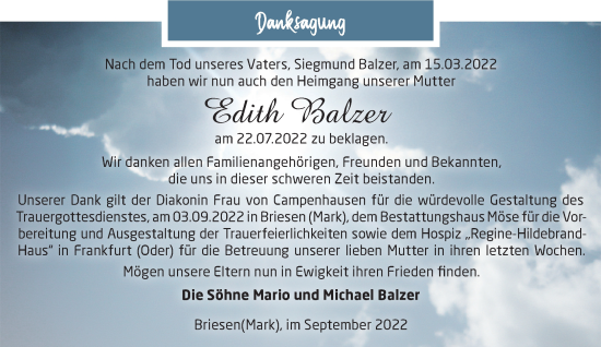 Traueranzeige von Edith Balzer von Märkische Oderzeitung