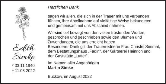 Traueranzeige von Edith Simke von Märkische Oderzeitung