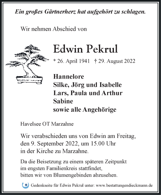 Traueranzeige von Edwin Pekrul von Märkische Oderzeitung