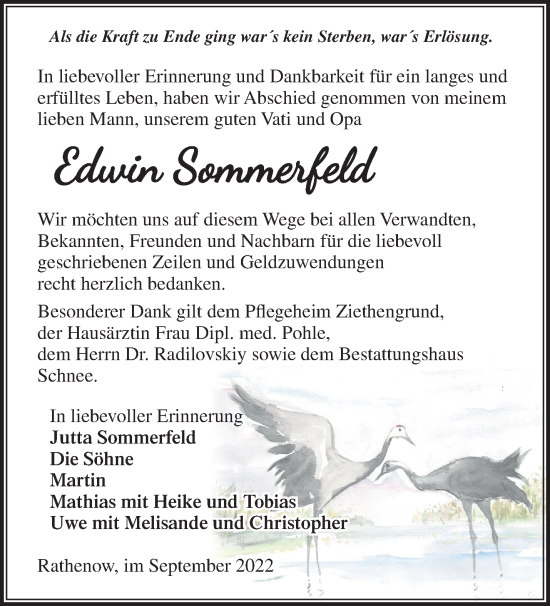 Traueranzeige von Edwin Sommerfeld von Märkische Oderzeitung