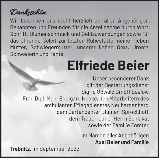 Traueranzeige von Elfriede Beier von Märkische Oderzeitung