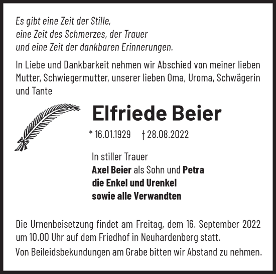 Traueranzeige von Elfriede Beier von Märkische Oderzeitung