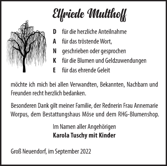 Traueranzeige von Elfriede Multhoff von Märkische Oderzeitung