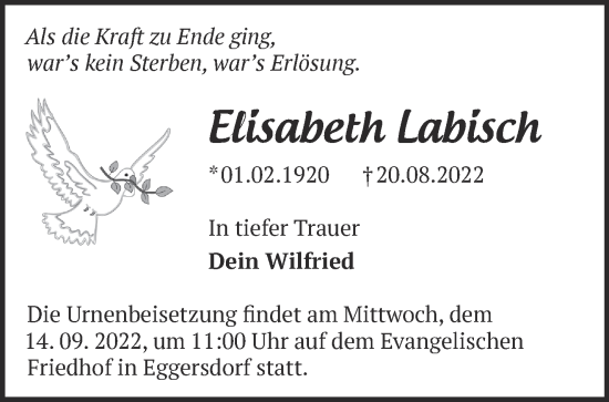 Traueranzeige von Elisabeth Labisch von Märkische Oderzeitung