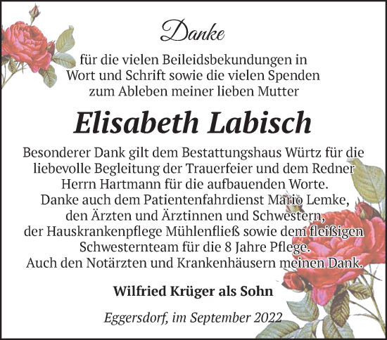 Traueranzeige von Elisabeth Labisch von Märkische Oderzeitung