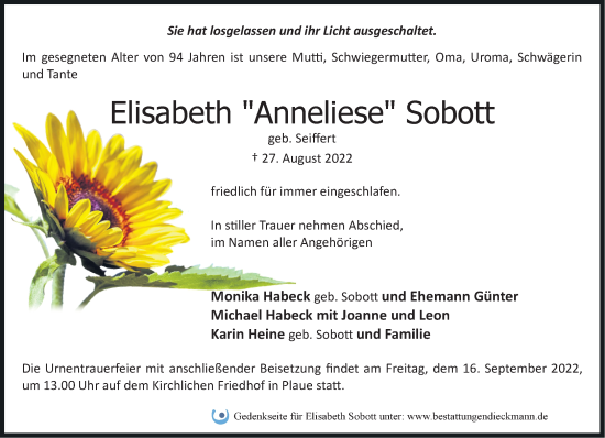 Traueranzeige von Elisabeth Anneliese Sobott von Märkische Oderzeitung