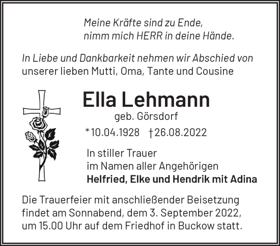 Traueranzeige von Ella Lehmann von Märkische Oderzeitung