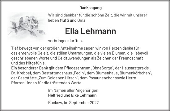 Traueranzeige von Ella Lehmann von Märkische Oderzeitung