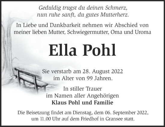 Traueranzeige von Ella Pohl von Märkische Oderzeitung