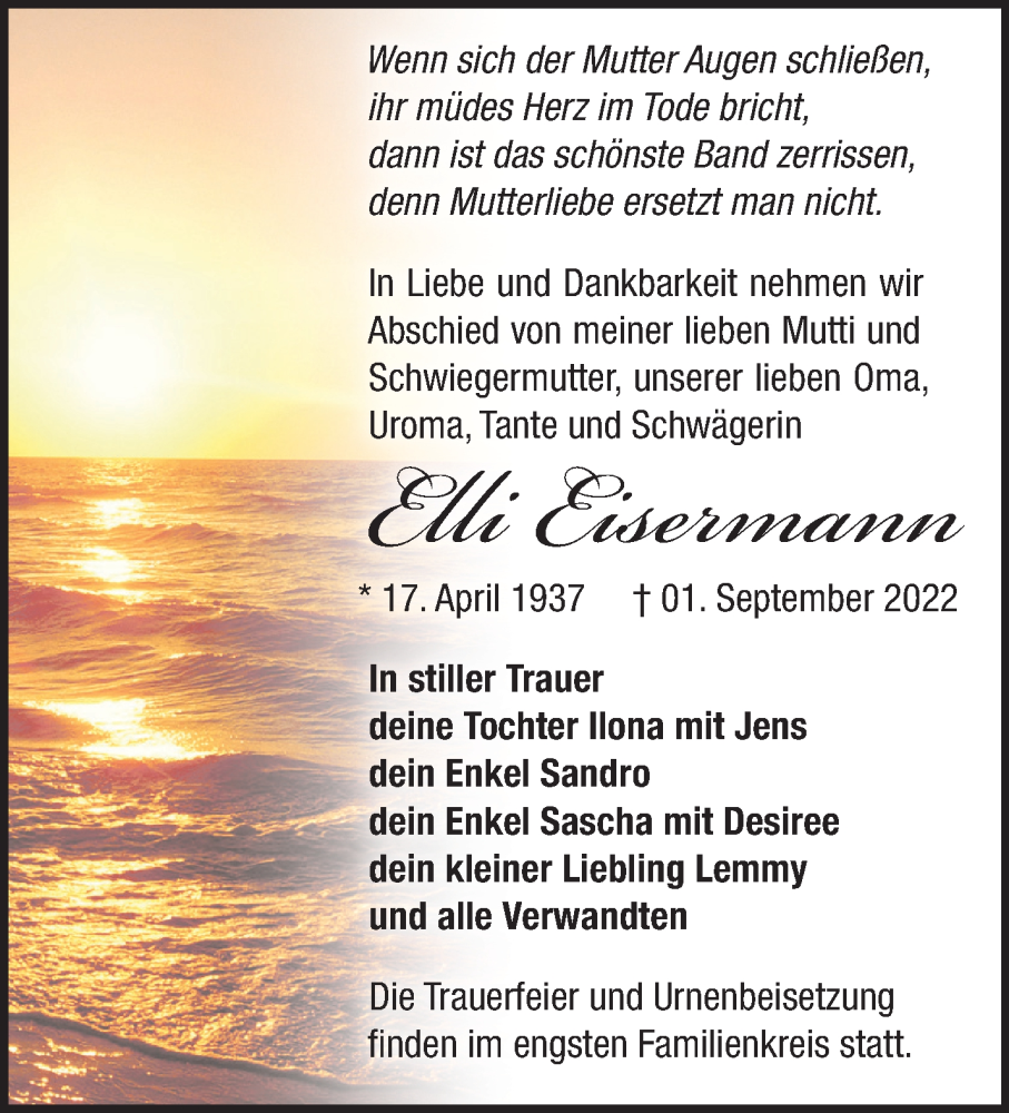  Traueranzeige für Elli Eisermann vom 23.09.2022 aus Märkische Oderzeitung