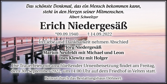 Traueranzeige von Erich Niedergesäß von Märkische Oderzeitung