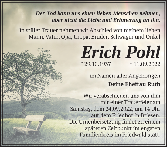 Traueranzeige von Erich Pohl von Märkische Oderzeitung