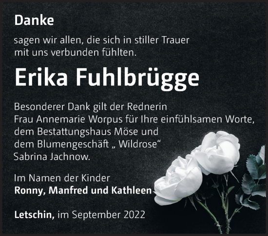 Traueranzeige von Erika Fuhlbrügge von Märkische Oderzeitung