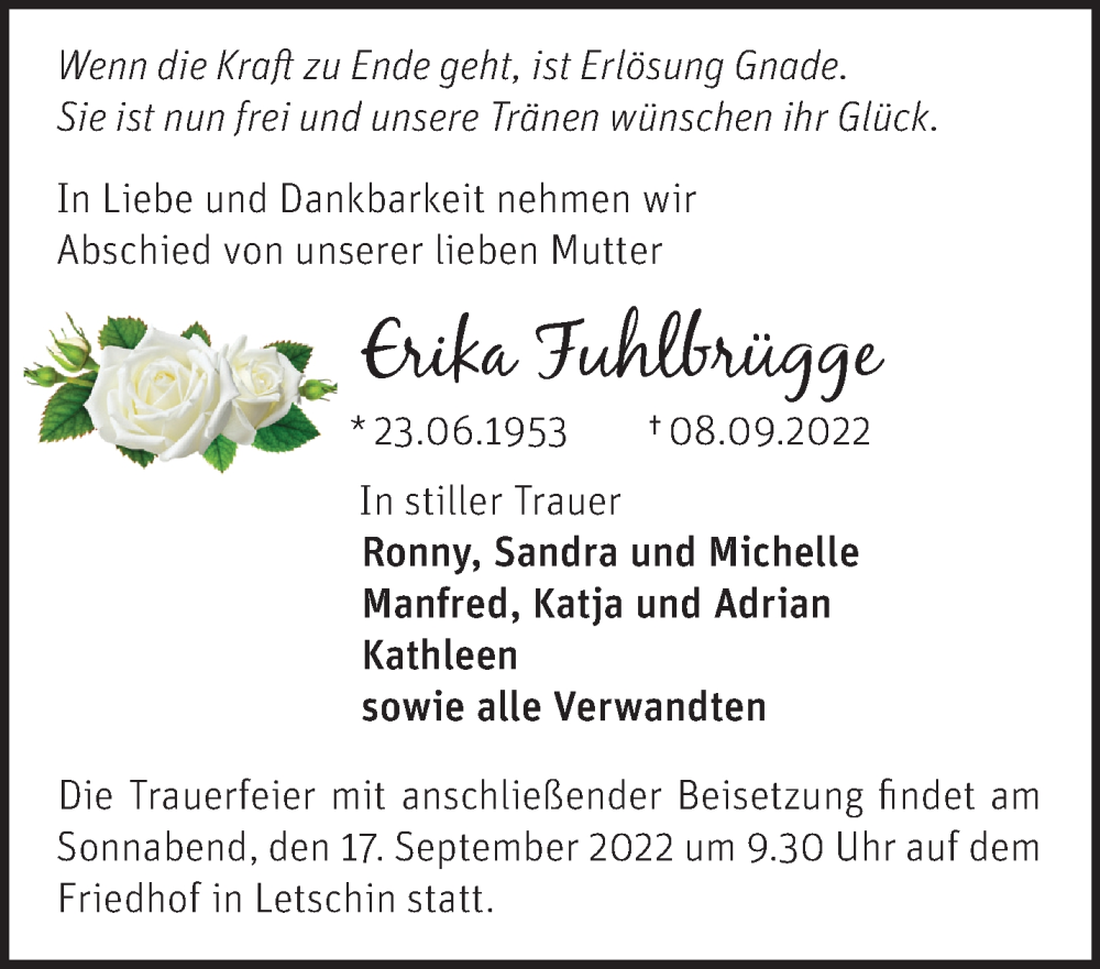  Traueranzeige für Erika Fuhlbrügge vom 10.09.2022 aus Märkische Oderzeitung