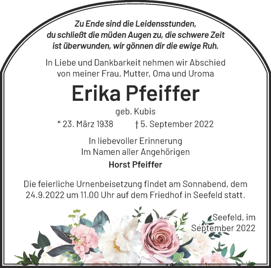 Traueranzeige von Erika Pfeiffer von Märkische Oderzeitung