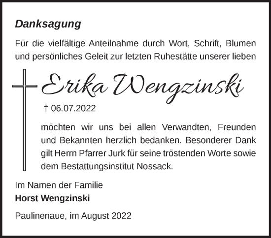 Traueranzeige von Erika Wengzinski von Märkische Oderzeitung