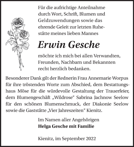 Traueranzeige von Erwin Gesche von Märkische Oderzeitung