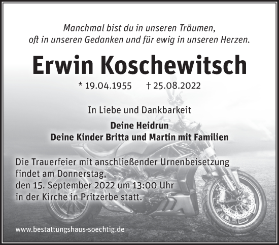 Traueranzeige von Erwin Koschewitsch von Märkische Oderzeitung