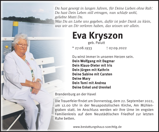 Traueranzeige von Eva Kryszon von Märkische Oderzeitung