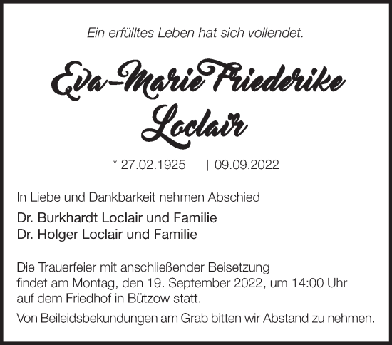 Traueranzeige von Eva-Marie Friederike Loclair von Märkische Oderzeitung