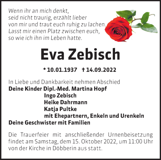 Traueranzeige von Eva Zebisch von Märkische Oderzeitung