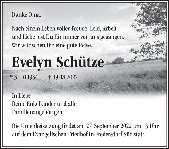 Traueranzeige von Evelyn Schütze von Märkische Oderzeitung