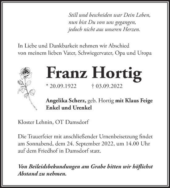 Traueranzeige von Franz Hortig von Märkische Oderzeitung