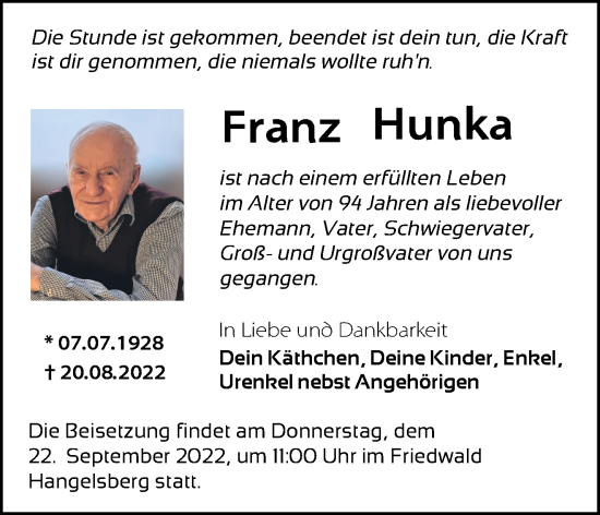 Traueranzeige von Franz Hunka von Märkische Oderzeitung