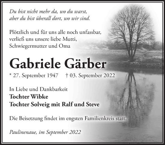 Traueranzeige von Gabriele Gärber von Märkische Oderzeitung