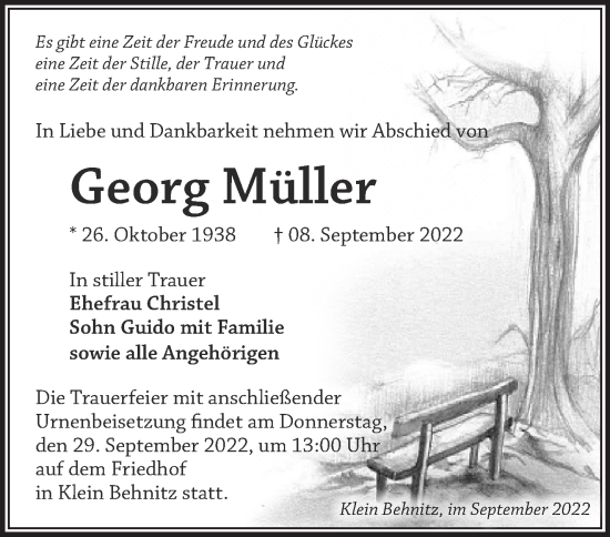 Traueranzeige von Georg Müller von Märkische Oderzeitung