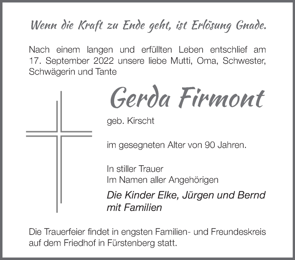  Traueranzeige für Gerda Firmont vom 22.09.2022 aus Märkische Oderzeitung