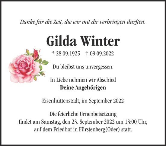 Traueranzeige von Gilda Winter von Märkische Oderzeitung