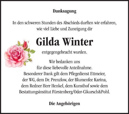 Traueranzeige von Gilda Winter von Märkische Oderzeitung