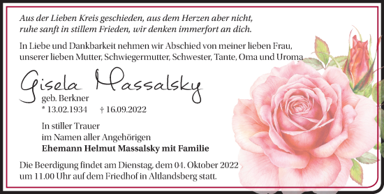 Traueranzeige von Gisela Massalsky von Märkische Oderzeitung