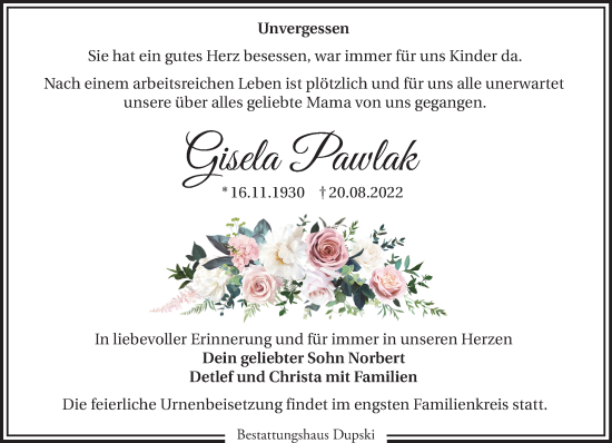 Traueranzeige von Gisela Pawlak von Märkische Oderzeitung