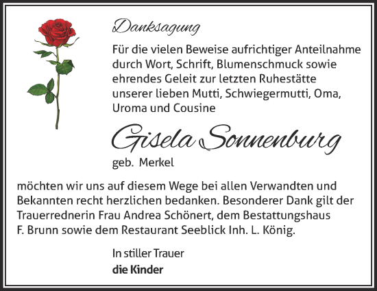 Traueranzeige von Gisela Sonnenburg von Märkische Oderzeitung