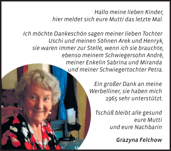 Traueranzeige von Grazyna Felchow von Märkische Oderzeitung