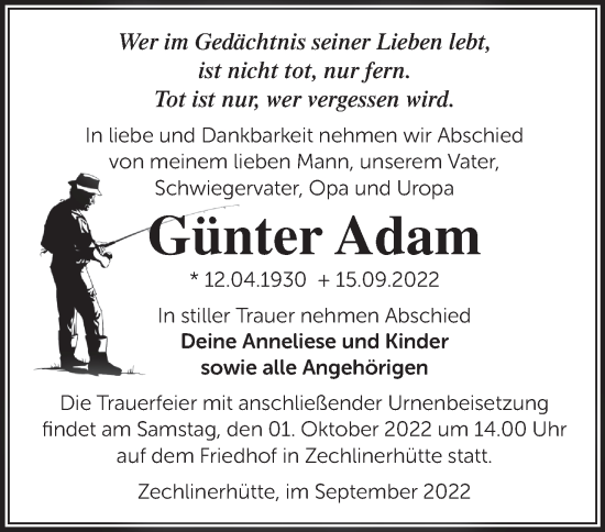 Traueranzeige von Günter Adam von Märkische Oderzeitung