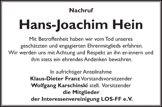 Traueranzeige von Hans-Joachim Hein von Märkische Oderzeitung