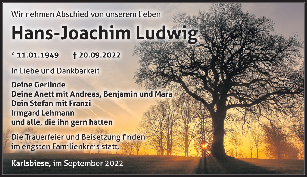  Traueranzeige für Hans-Joachim Ludwig vom 24.09.2022 aus Märkische Oderzeitung