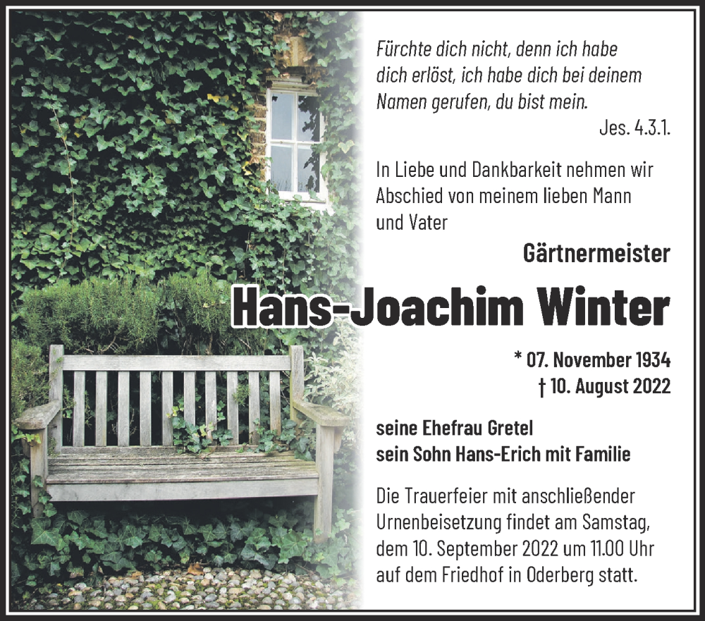  Traueranzeige für Hans-Joachim Winter vom 02.09.2022 aus Märkische Oderzeitung