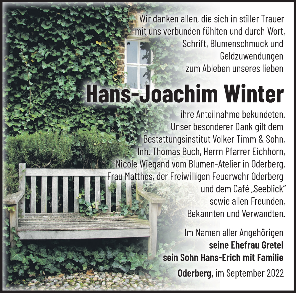  Traueranzeige für Hans-Joachim Winter vom 23.09.2022 aus Märkische Oderzeitung