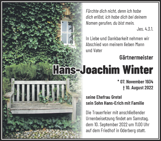 Traueranzeige von Hans-Joachim Winter von Märkische Oderzeitung