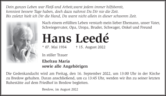 Traueranzeige von Hans Leede von Märkische Oderzeitung