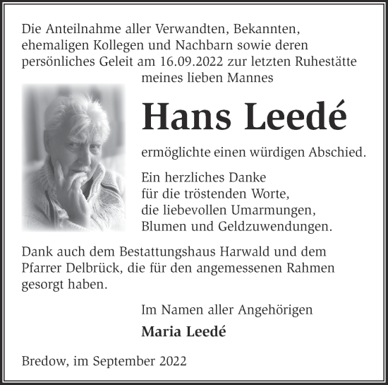 Traueranzeige von Hans Leede von Märkische Oderzeitung