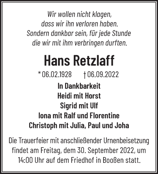 Traueranzeige von Hans Retzlaff von Märkische Oderzeitung