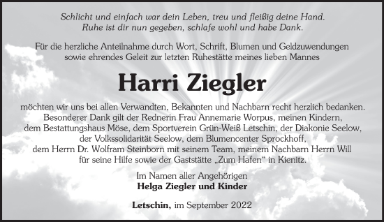 Traueranzeige von Harri Ziegler von Märkische Oderzeitung