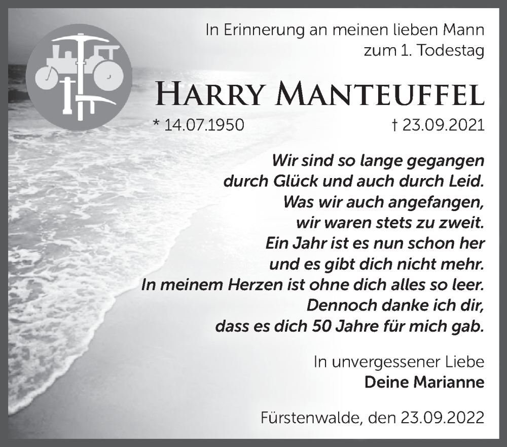  Traueranzeige für Harry Manteuffel vom 23.09.2022 aus Märkische Oderzeitung